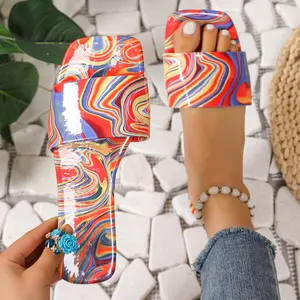 Women Geometric Graffiti Printing Square Toe Lady Flat Slipper Lady Sexy Luxury Transparent Colorful Summer Beach Slippers