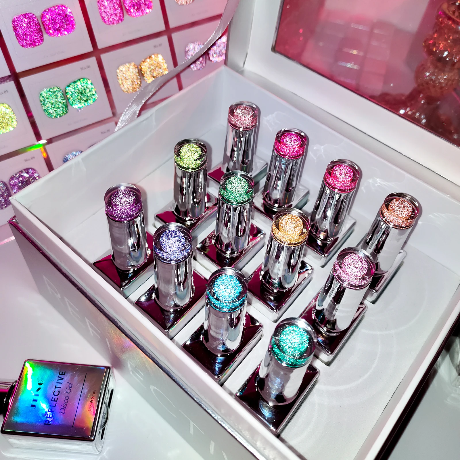 JTING 프리 리플렉티브 디스코 젤 유니크 박스 커스텀 프리 컬러 카드 12컬러 다이아몬드 디스코 젤 네일 폴리시 컬렉션 OEM  공급| Alibaba.com