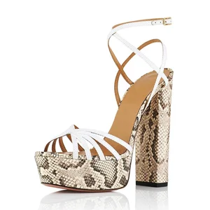 White Raffia Block Chunky Heel Size 13 Animal Print Women Extra Thick Platform High Heels Sandals Private Label Shoes for Women