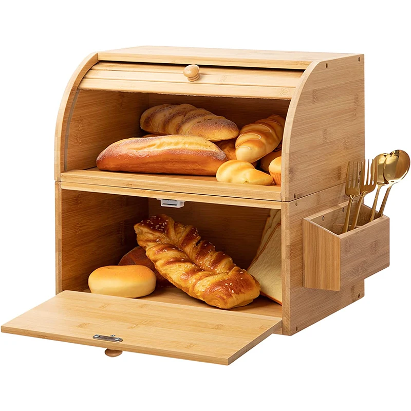 Bamboo Double Layer Large Bread Box with Silverware Basket Roll Top Bread Bin Homemade Bread Storage Box for Kitchen Countertop