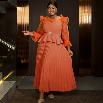 AM041104 Elegant Orange O Neck Tulle Sleeve Ruffles Belted Patchwork Pleated Maxi Formal Women Dresses Casual