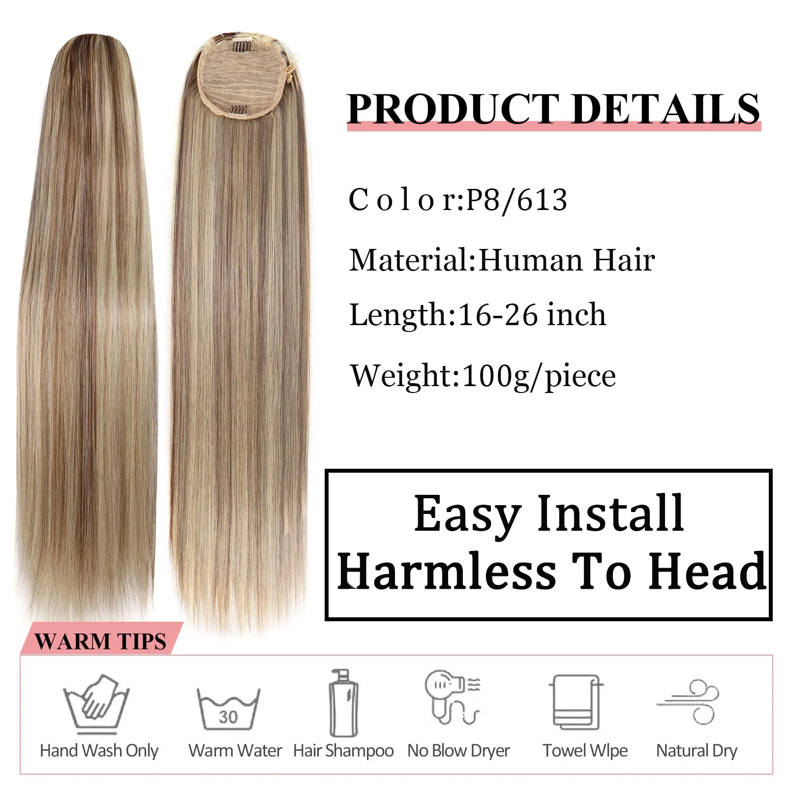 Straight Drawstring Ponytail Human Hair Extensions With Clip 16-26 Inch 100g For Salon_voghion.com