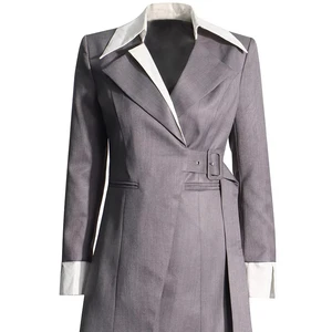 Women's High-End Contrast Collar Belted Blazer Dress Asymmetric Hem Tailored Suit Jacket with Waist Buckle