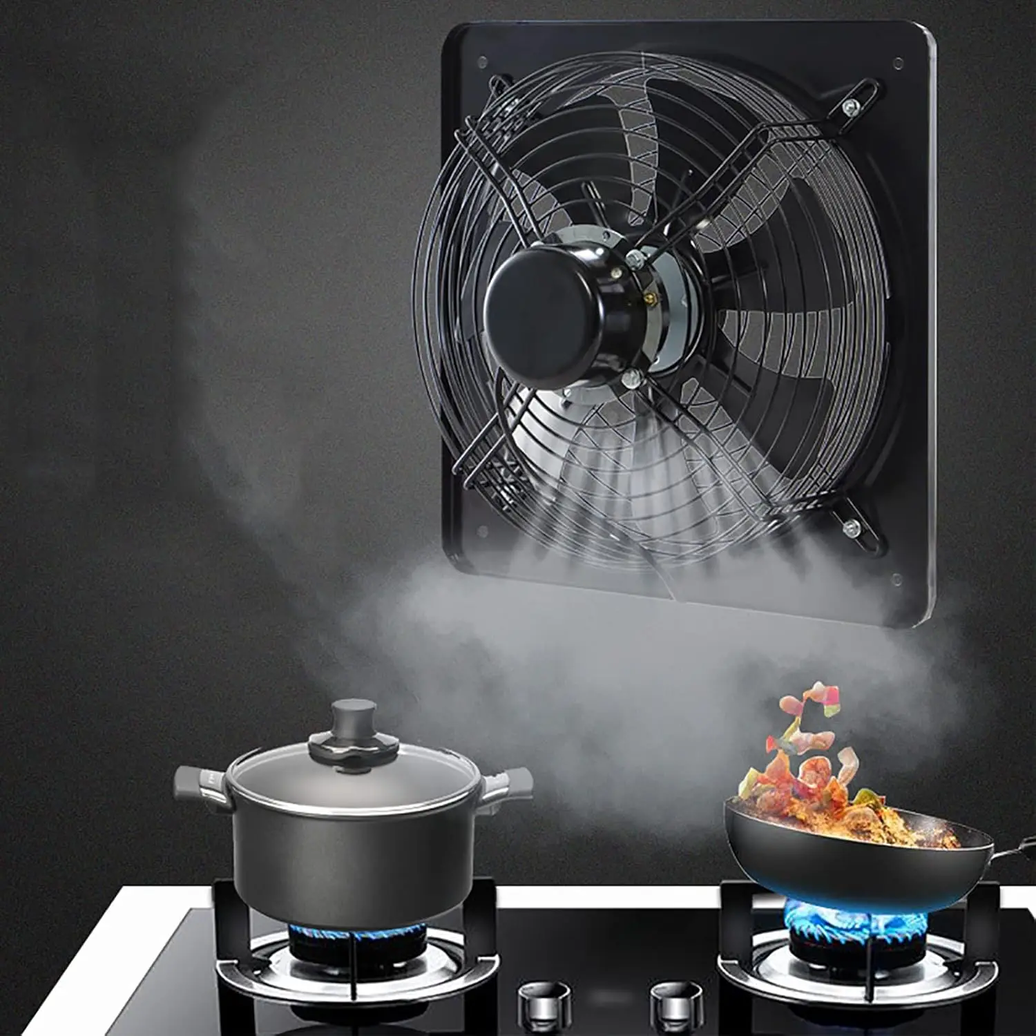 220V High Speed Square Axial Flow Exhaust Fan Black 12 in 2800rpm With Double Mesh Cover for HVAC Systems