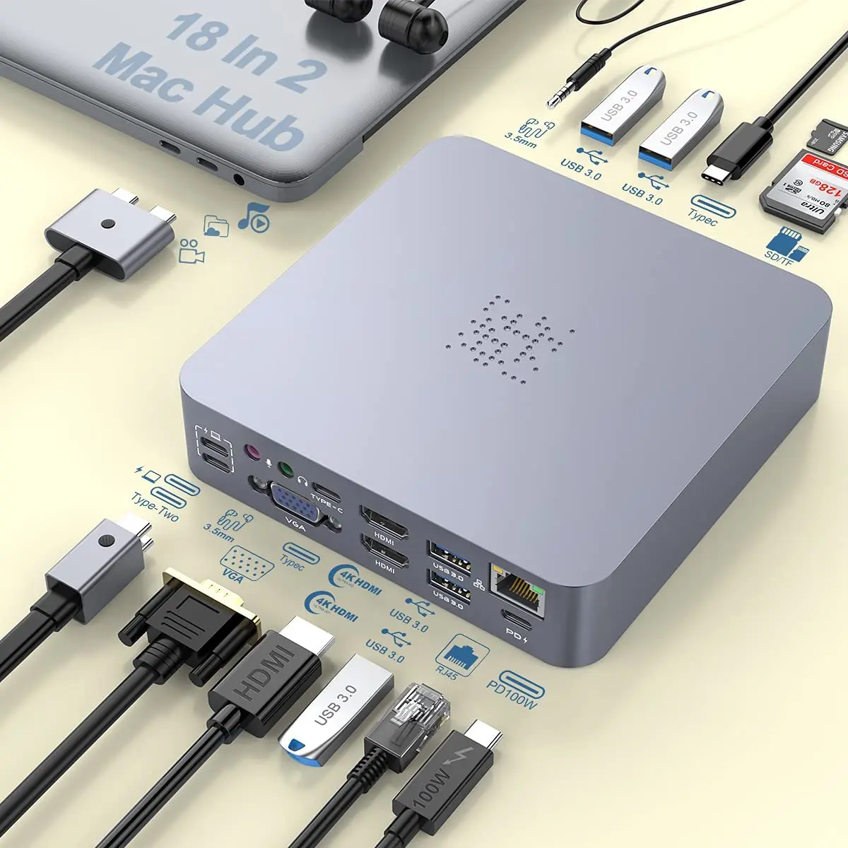 OEM USB C Dongle to Dual HDMI VGA 100WPD 4K Triple Display Mac Pro HDMI Adapter Mac Pro Docking Station