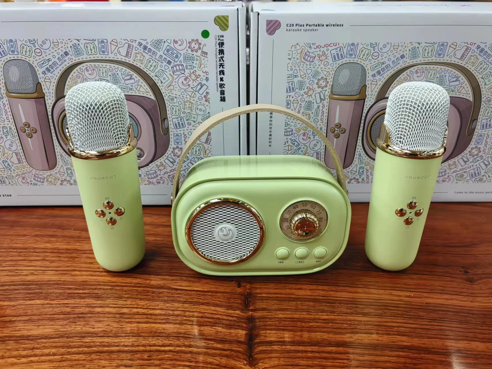 Factory Mini Bluetooth Karaoke Speaker with 2 Microphone Kids Wireless Small Singing Machine Speaker OEM Promotion Birthday Gift