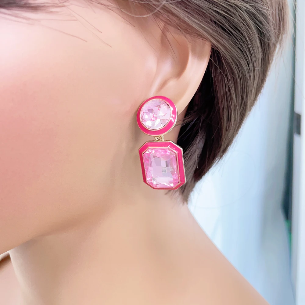 product womens fashion jewelry wholesale crystal diamond colorful enamel drop gold plated stud earrings geometric classic style alloy-4