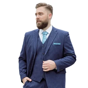 Plus-size Men's Suit Blue Slub Stripes Business Casual Loose Suit Combined with Formal Dress