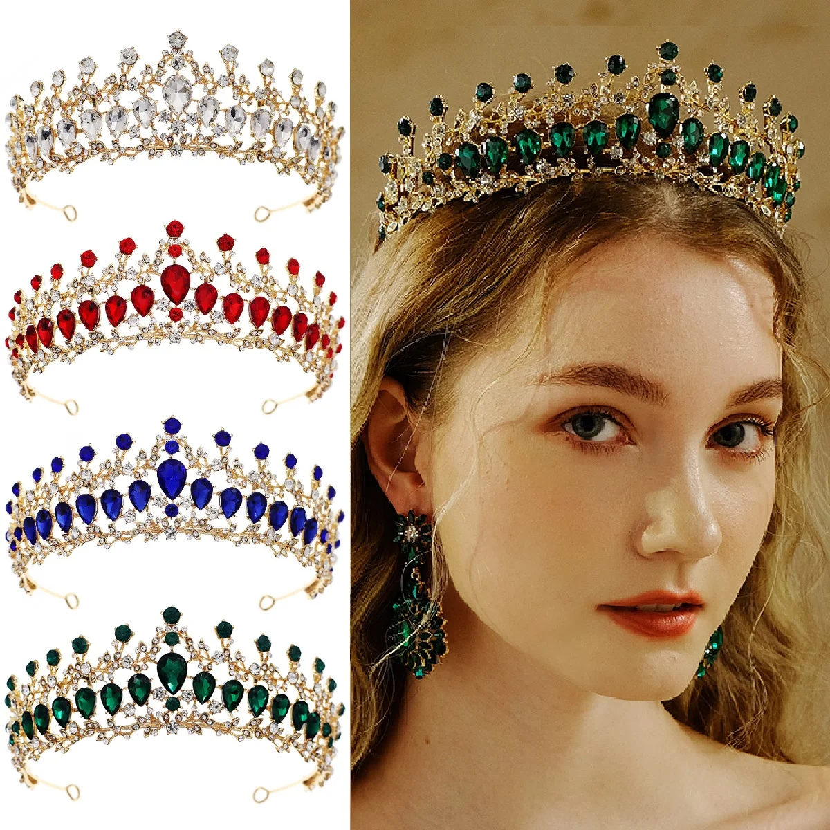New beautiful green red clear stone crown Crystal Studded Crown In Red And Green Perfect For Royalty  main image 2