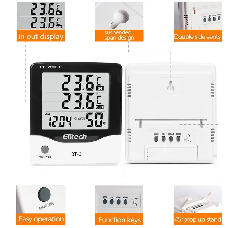 Elitech BT-3 Digital Hygrometer Thermometer Large LCD Display Min/Max Value Clock Indoor/Outdoor Plastic OEM Customizable