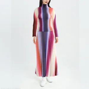 Miyake Pleated Summer Set Shirt Printed Top High Neck Casual Style Women'S Printed Long Pleated Skirt Two-Piece Set
