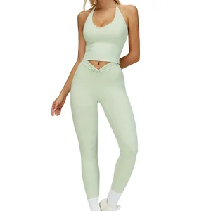 Custom High Quality V Nect Vest 4pcs Athletic Sets Girls High Stretchy High Waist Leggings Gym Fitness Suits Yoga Wear Set