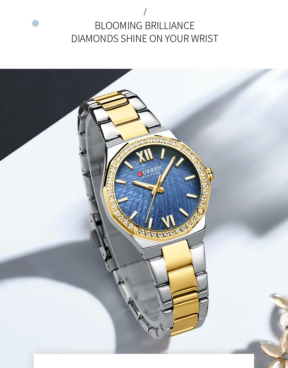 CURREN 9103 Elegant Rhinestone Ladies Watch Lightweight Luminous Quartz Watch Waterproof Stainless Steel Clock