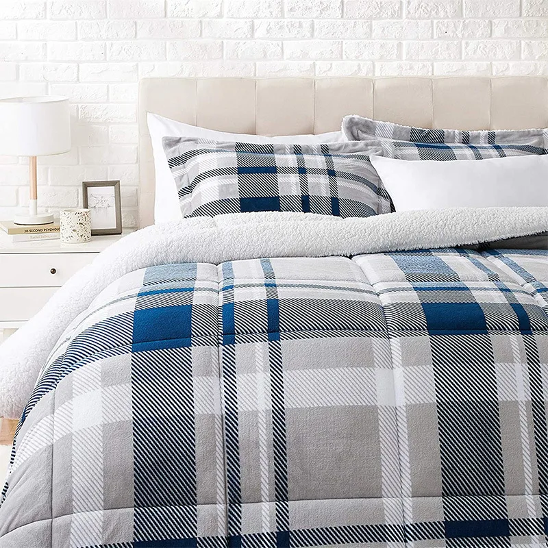 Ultra Softy Fluffy Warm Checker Plaid Pattern Cold Weather Bedding Set 3 PCS,sherpa comforter