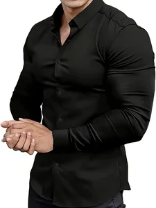 Wholesale Slim-Fit High-Stretch Breathable Plain Dyed Men's Solid Color Outdoor Casual Long-Sleeved Sports Shirt