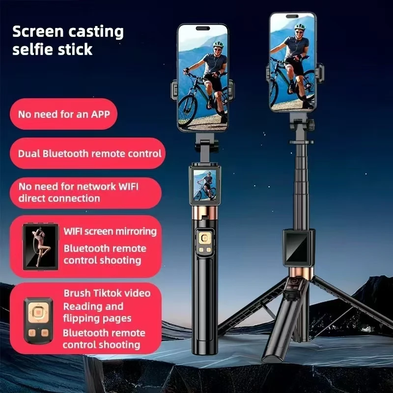 Tr&eacute;pied pour t&eacute;l&eacute;phone portable avec t&eacute;l&eacute;commande sans fil multifonction innovante, en alliage d'aluminium, &eacute;cran LCD et perche &agrave; selfie int&eacute;gr&eacute;e.