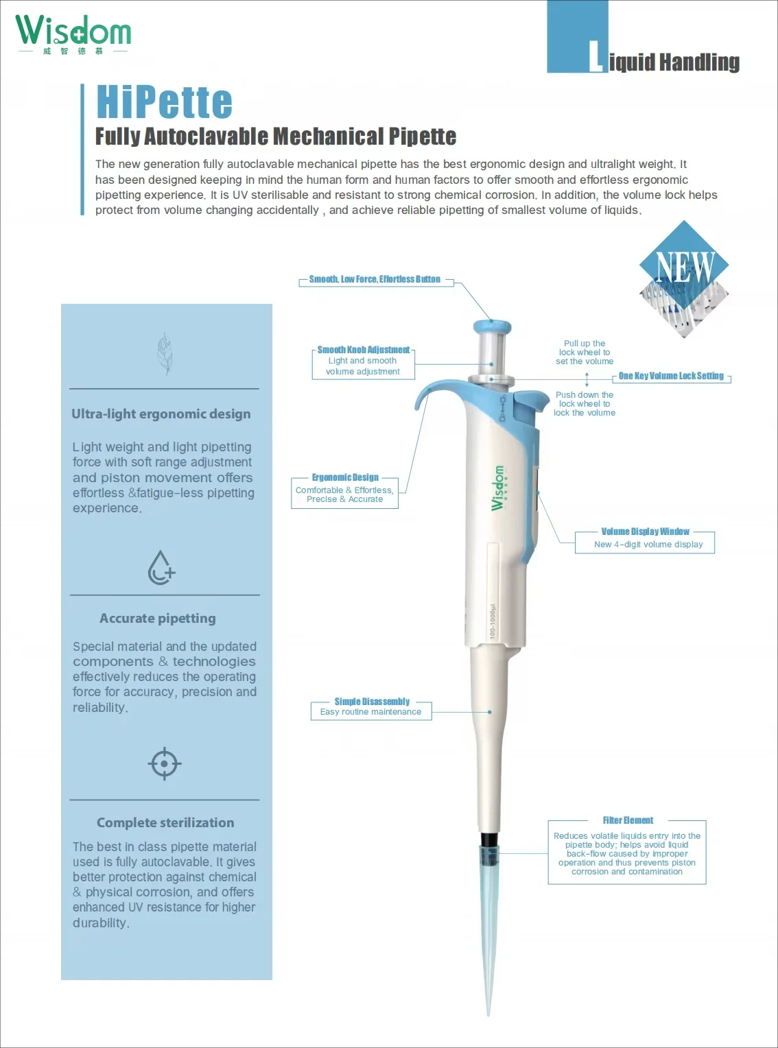 WISDOM Fully Autoclavable Mechanical Adjustable Micro Pipette Pens Laboratoire Single Channel Pipette