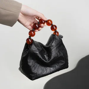 Women's Vintage Bohemian Letter Pleated Hand Bill Shoulder Oblique Span Bag New Chinese Beaded Top Cowhide Grab Zipper Summer