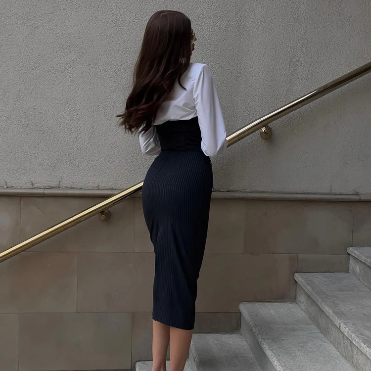 Preppy Style Outfit for Office Ladies White Shirt Midi Skirt