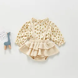 2 шт. винтажная одежда для маленьких девочек, летняя хлопковая блузка для девочек с цветочным рисунком, платье-комбинезон, Одежда для новорожденных девочек