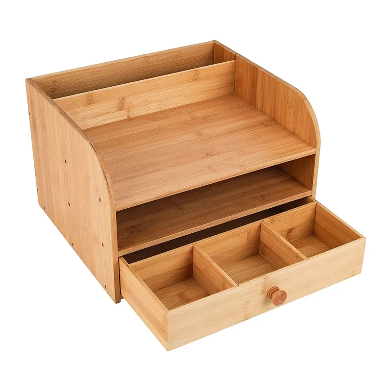 Wood Desktop Storage Bamboo Desk Organizer for Documents Office Supplies