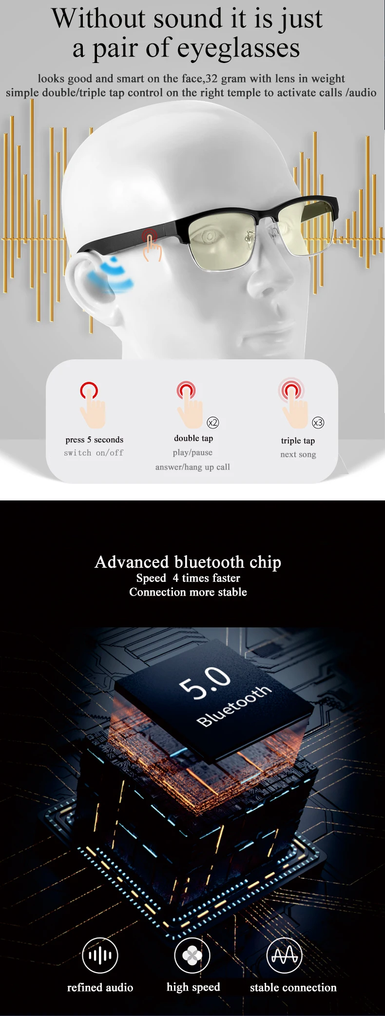 KY02 Smart Glasses BT 5.0 Hands Free Portable Wireless Stereo Speakers Audio Polarized Sunglasses Music Smart Sunglasses