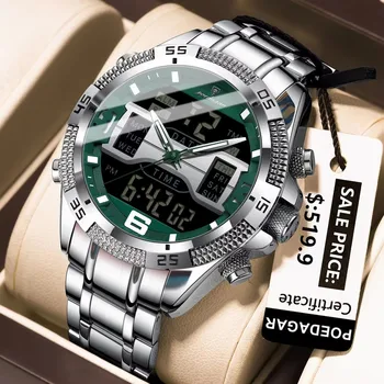 POEDAGAR Luxury Men's Stainless Wristwatch LED Luminous Dual Time Display Week Date Electronic Quartz Oval Crystal Sports E103