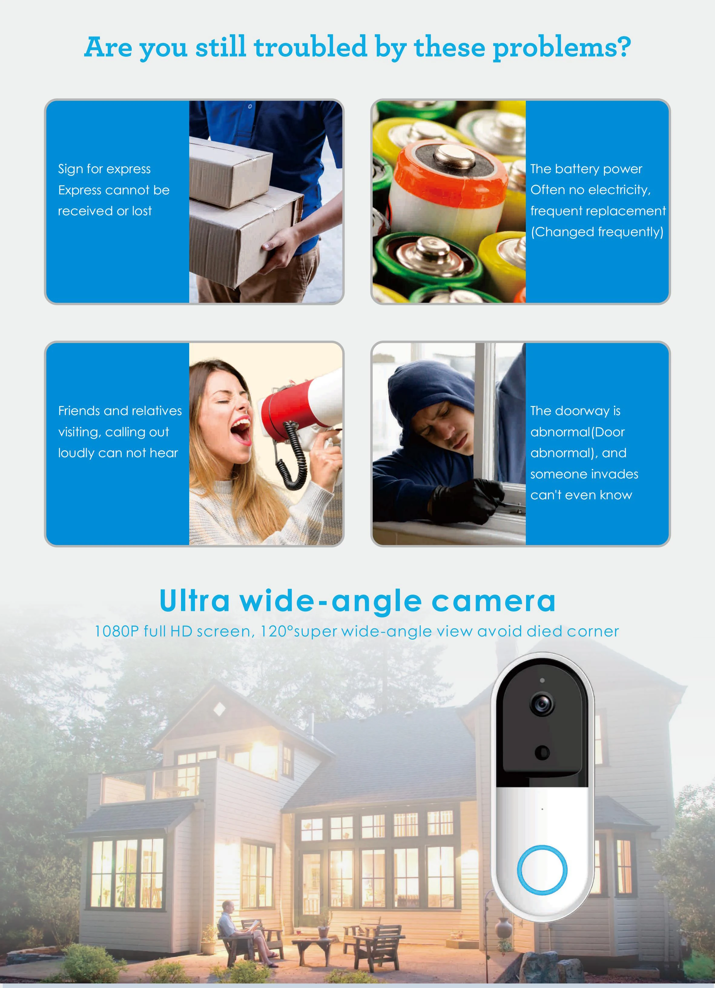 Wireless 1080P HD Video Intercom Doorbell with Security Chime & Color Camera IOS Compatible