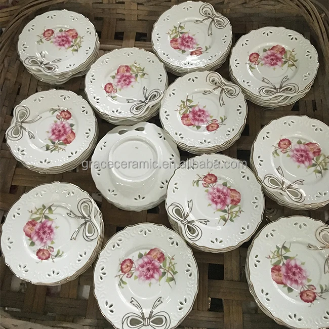 24pcs Modern Tea Cups And Saucer Set Royal Rose Gold Line Embossed Floral China Porcelain