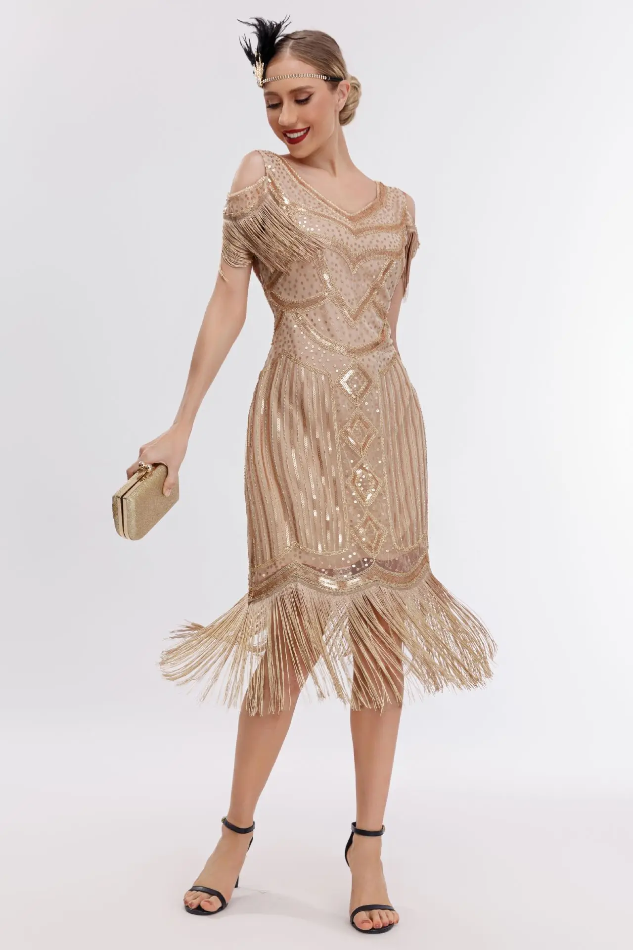 off the shoulder 1920s dress Handmade Black Feather Flapper Dress, 1920s Gatsby Wedding Guest Dress