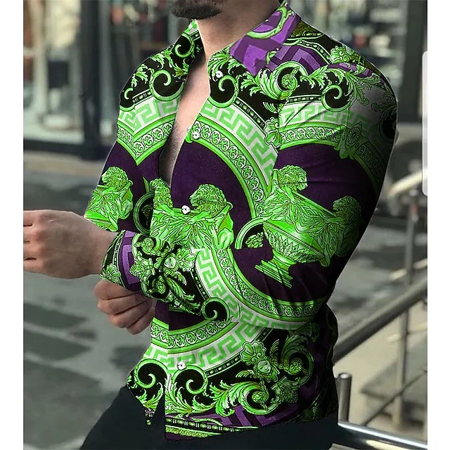 Camicia da uomo grafica Paisley colletto classico verde nero casual quotidiano manica lunga abbigliamento camicia classica di design899_voghion.com
