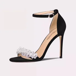 Lily Wei Wholesale Evening Sandals Stiletto Heel Ankle Strap Black Crystal for Parties Commercial Footwear Use