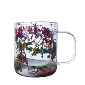 Wholesale Double Layer Reusable high borosilicate glass cup with Dry Flowers