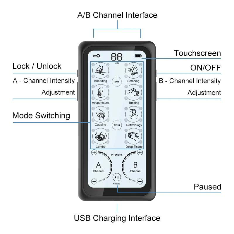 Portable Touch Screen Customized Modes Electric Therapy EMS Massager Tens Unit Electronic Pulse Massager Tens Massager Tens Unit