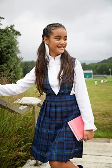 Girls Tartan Dress Kids School Uniform Skirt Pleated Plaid Primary School  Pinafore Girls V Neck Pullover Cotton School Uniform