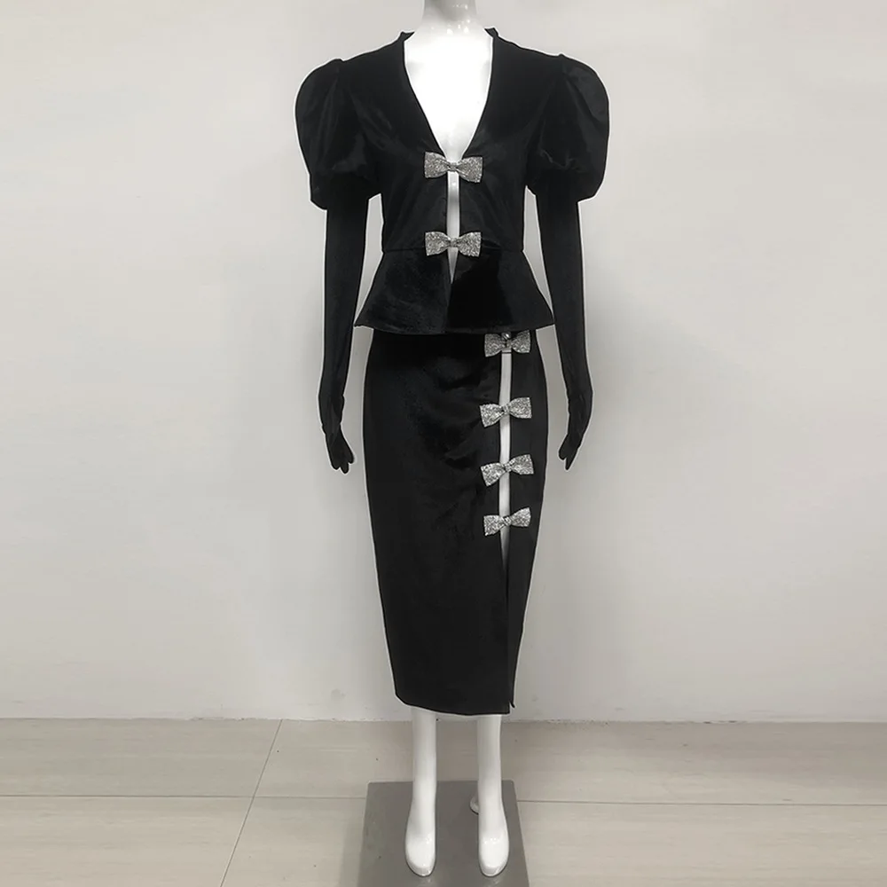 Custom Velvet Two-piece Set Womens V-neck Maxi Evening Dress Oem