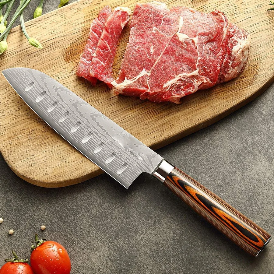  Update International KGE-13 High Carbon Steel Santoku Knife,  7, S/5CR15MOV Handle POM Plastic : Home & Kitchen