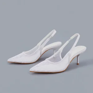BUSY GIRL CXX208 White Mesh Pointed Stiletto High Heel Shoes with Open Back Closed Toe Sandals for Women Spring and Summer