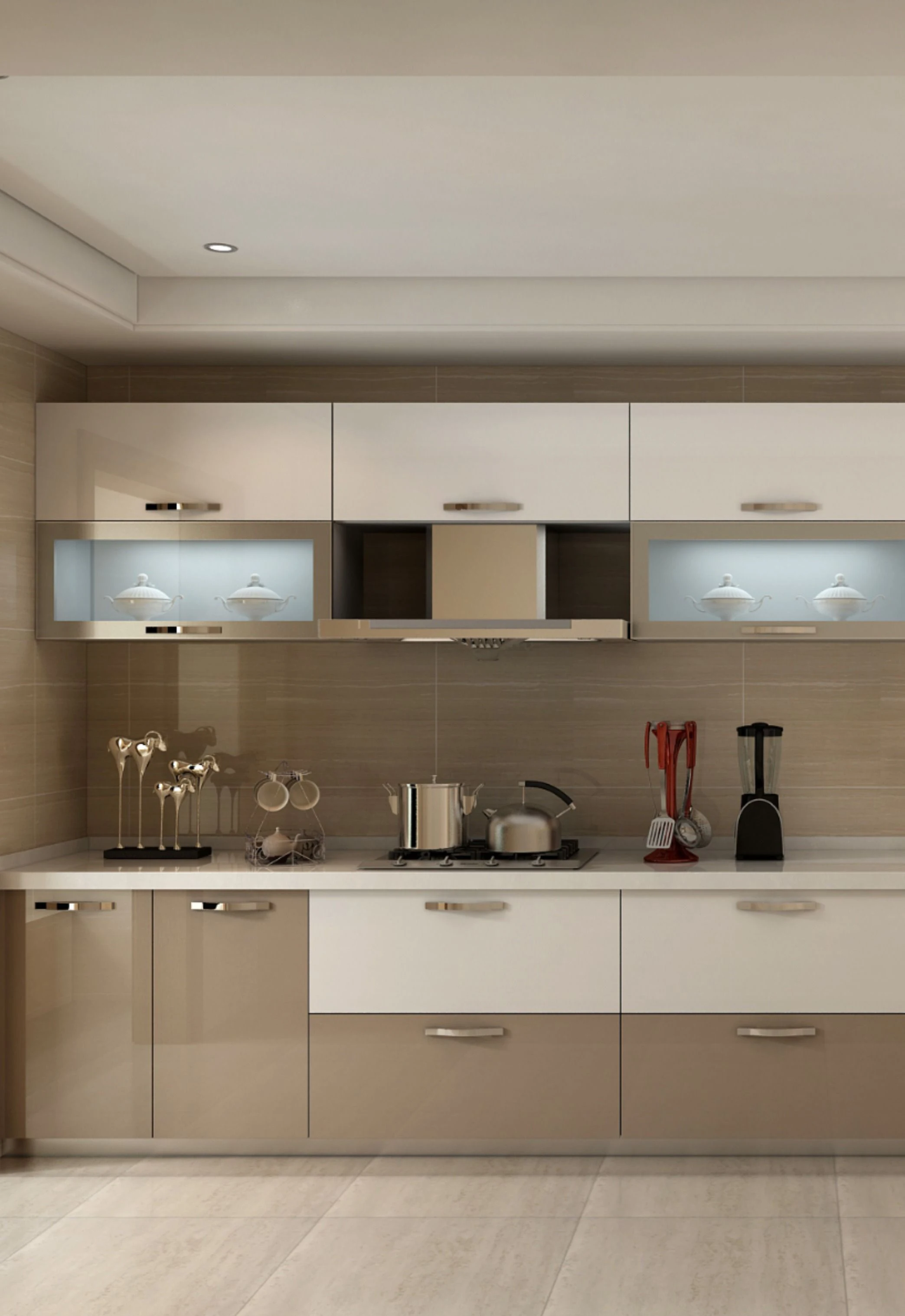 Khaki color PETG matte finish modern style kitchen cabinet color  combination with high gloss brown acrylic