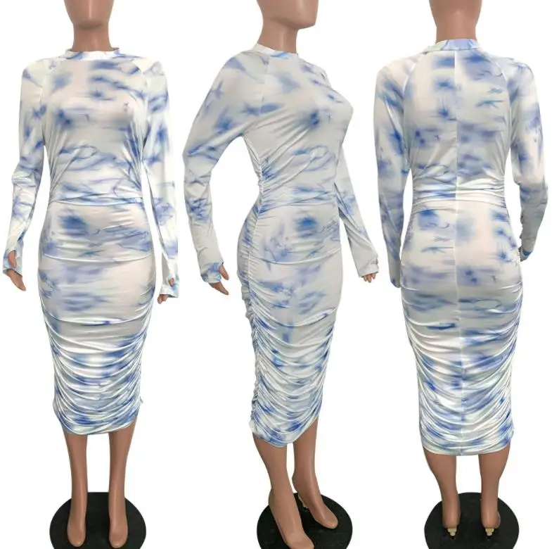 2020 fall fashion women tie dye bodycon dress long sleeve women's midi dress sexy girl's club dress