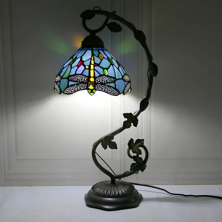 LongHuiJing Tiffany Lamp Stained Glass Table Reading Night Light Wisteria Style W8H20.3Inch Desk Bedside Antique Crafts Gift