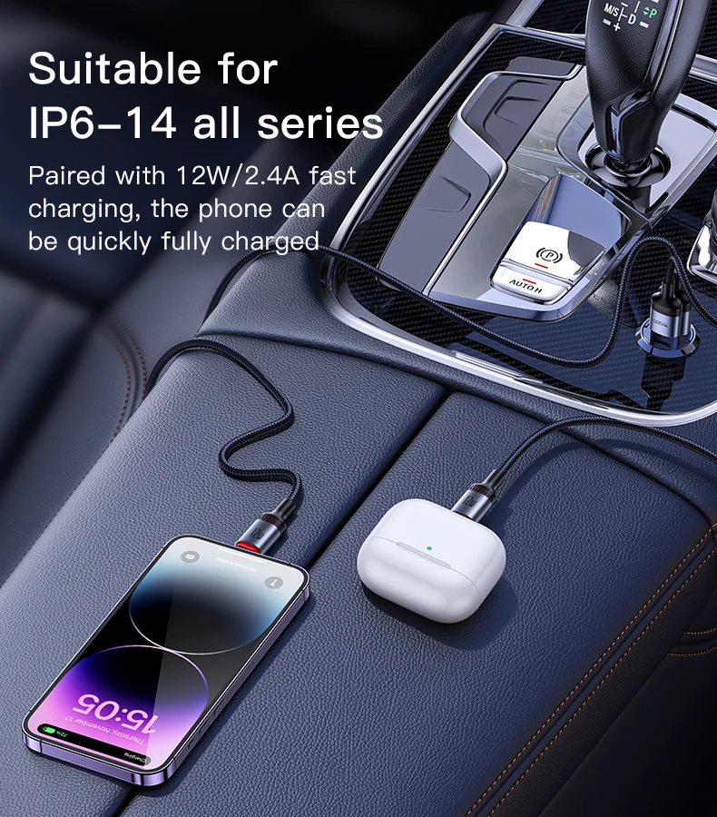 Yesido CA130L 2 متر USB إلى IP 12 واط شحن سريع مدمج في صحن سبائك الألومنيوم مضفر