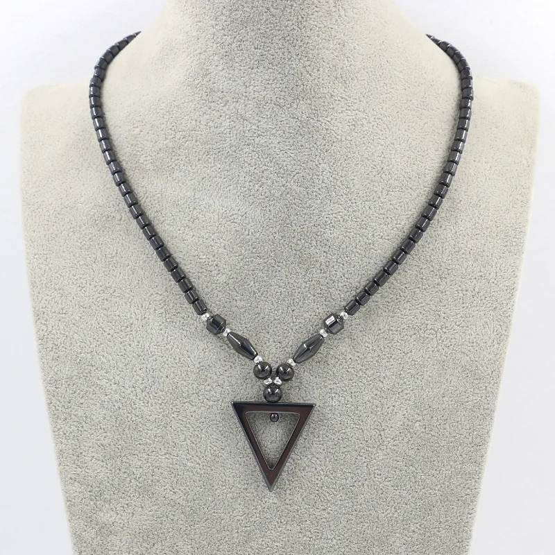 Geometry Cross Triangle Pentagonal Star Pendant Hematite Beaded Necklace for Men Women