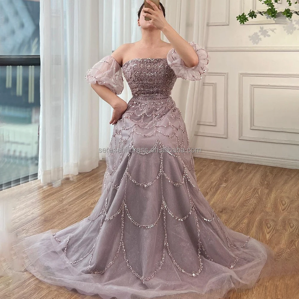 Arabic Pink a-Line Strapless Elegant Beaded Evening Dresses