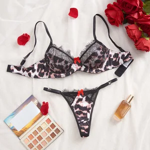 2026 New Arrival Cross-Border Sexy Lingerie Lace Leopard Print Patchwork Underwire Push-Up Lightweight Breathable Bra Set