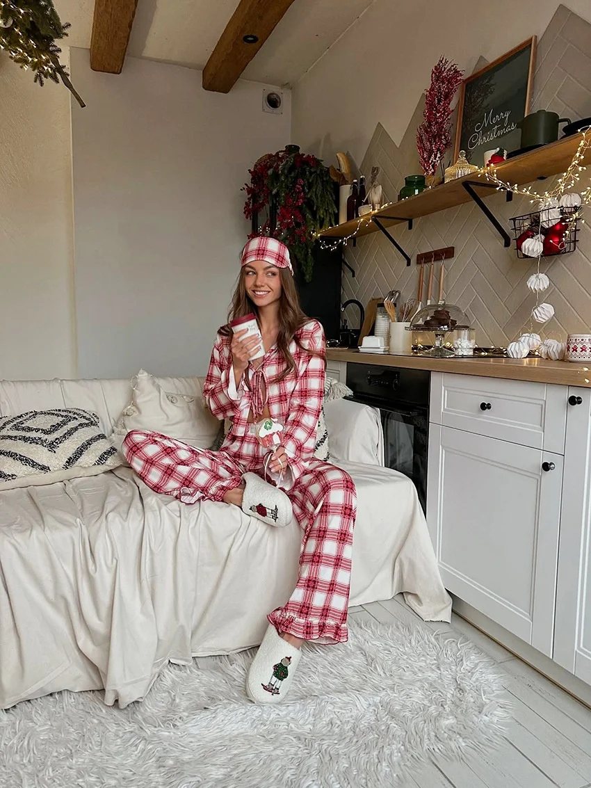 Breathable Plaid Women Pajama Set Long Sleeve Full Length Knitted Polyester Christmas Sleepwear — detail