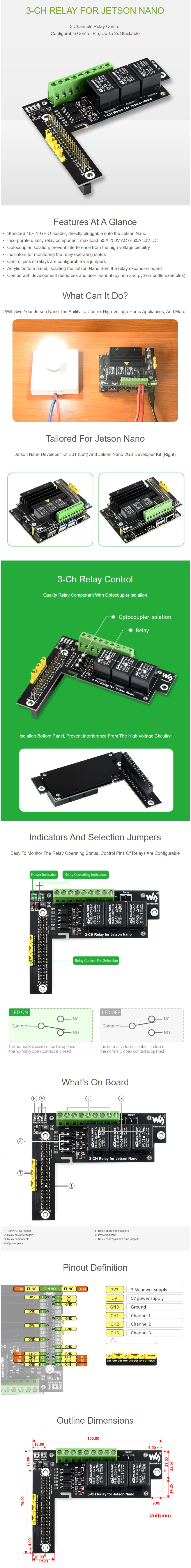 New Designed 3-Ch Relay Expansion Board For Jetson Nano 14 Waveshare Quality 3-Ch Relay Expansion Board Designed For Jetson Nano Optocoupler Isolation