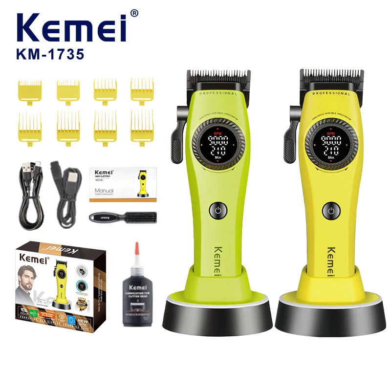 Kemei KM-1735, rasoir électrique professionnel pour salon, batterie de 2500 mAh, vitesse de rotation de 9000 tr/min, commande par molette, 21 vitesses, tondeuse à cheveux professionnelle avec station de recharge
