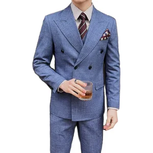 High-End Men's Double-Breasted Slim-Fit Suit with Double-Rolled Collar Formal Viscose Zipper Plus Size for Business Wedding