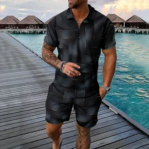 2025 Summer Men's Digital Printed Zipper Short Sleeved Shorts High-end Casual Set